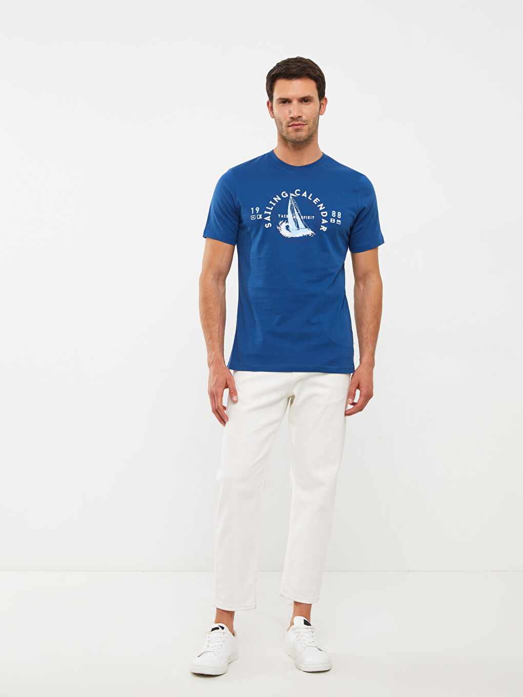 Lacivert Bisiklet Yaka Kısa Kollu Baskılı Penye Erkek Tişört-2