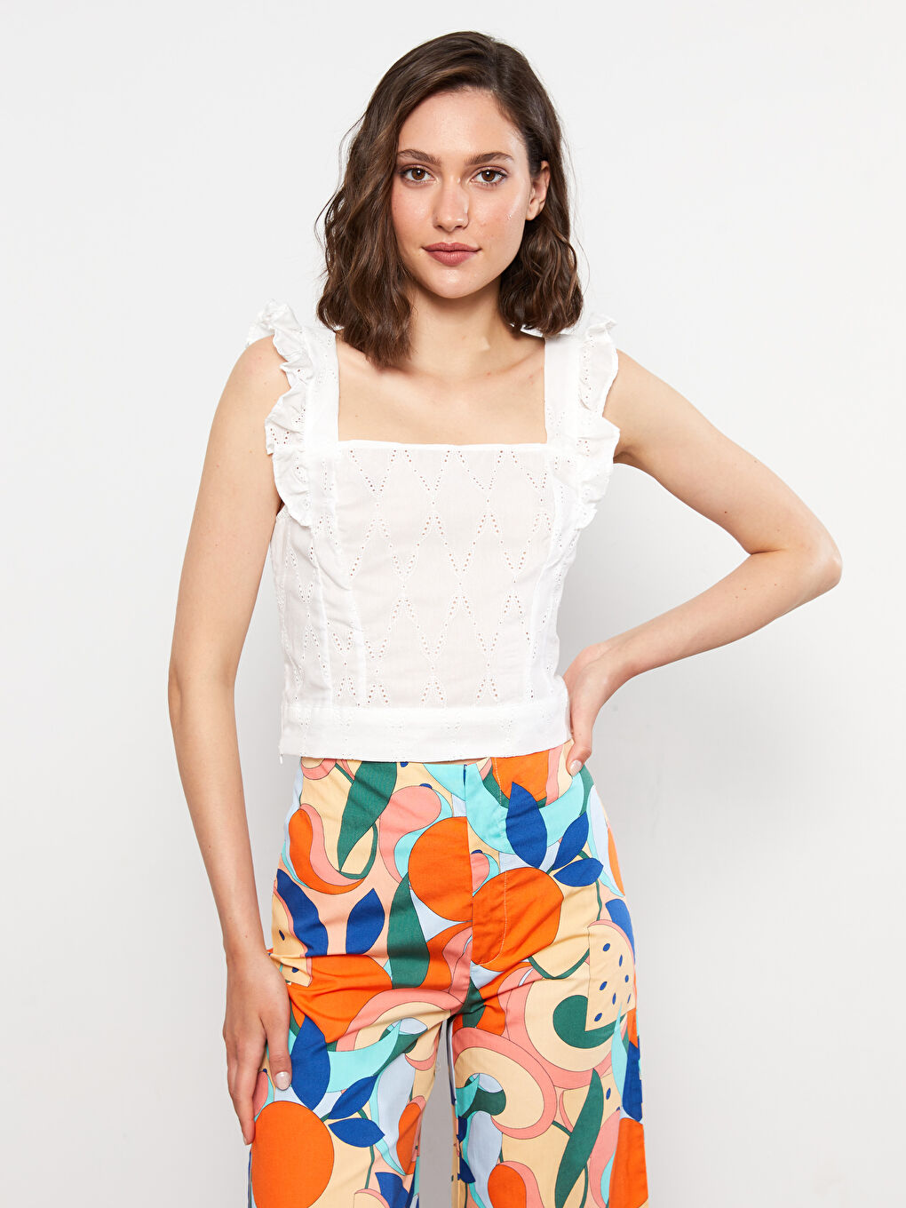 Square Collar Self Patterned Strap Brode Women's Blouse-2