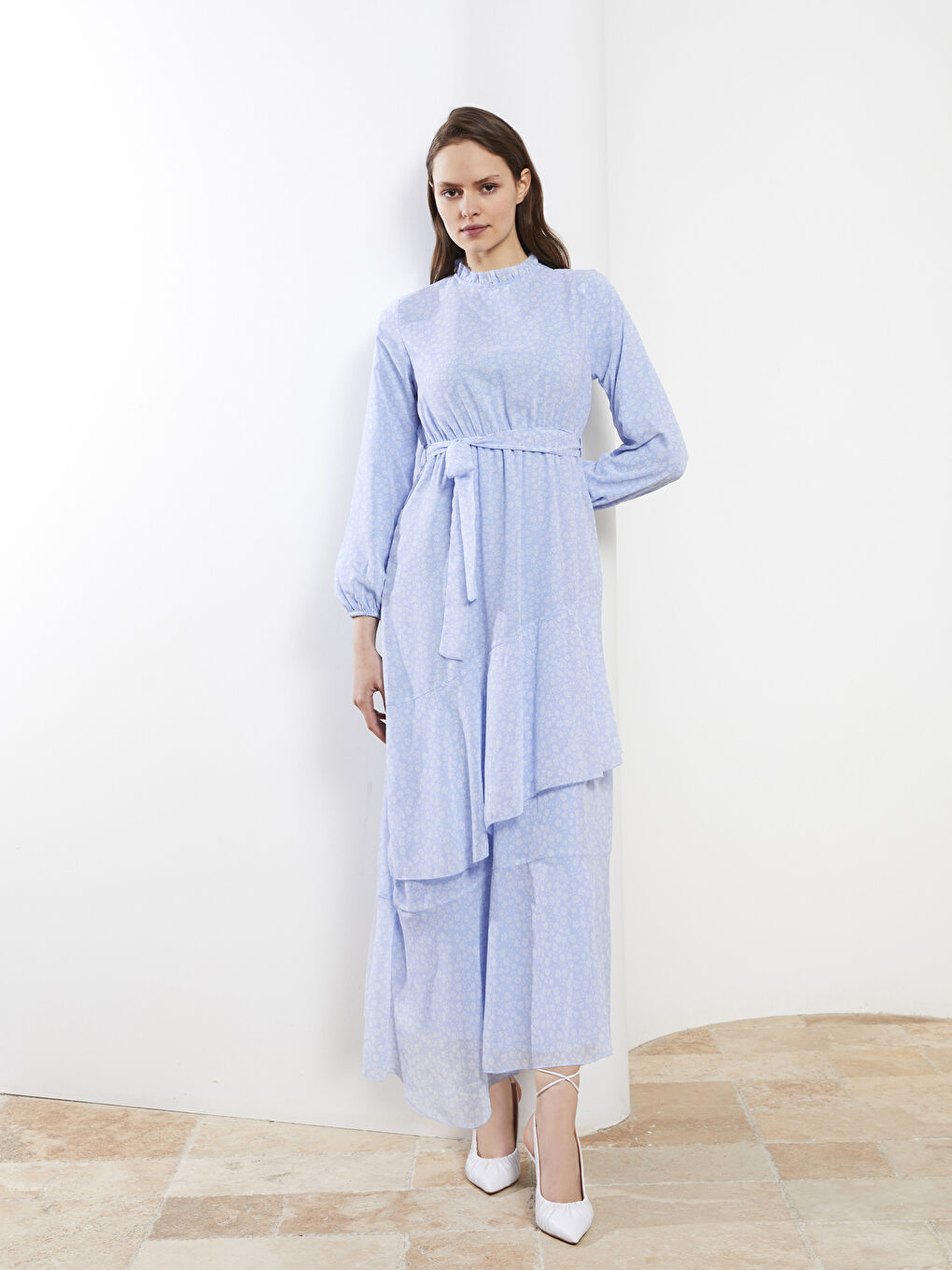 Rüschen Stehkragen Blumiges Langarm Chiffon Kleid für Damen-1