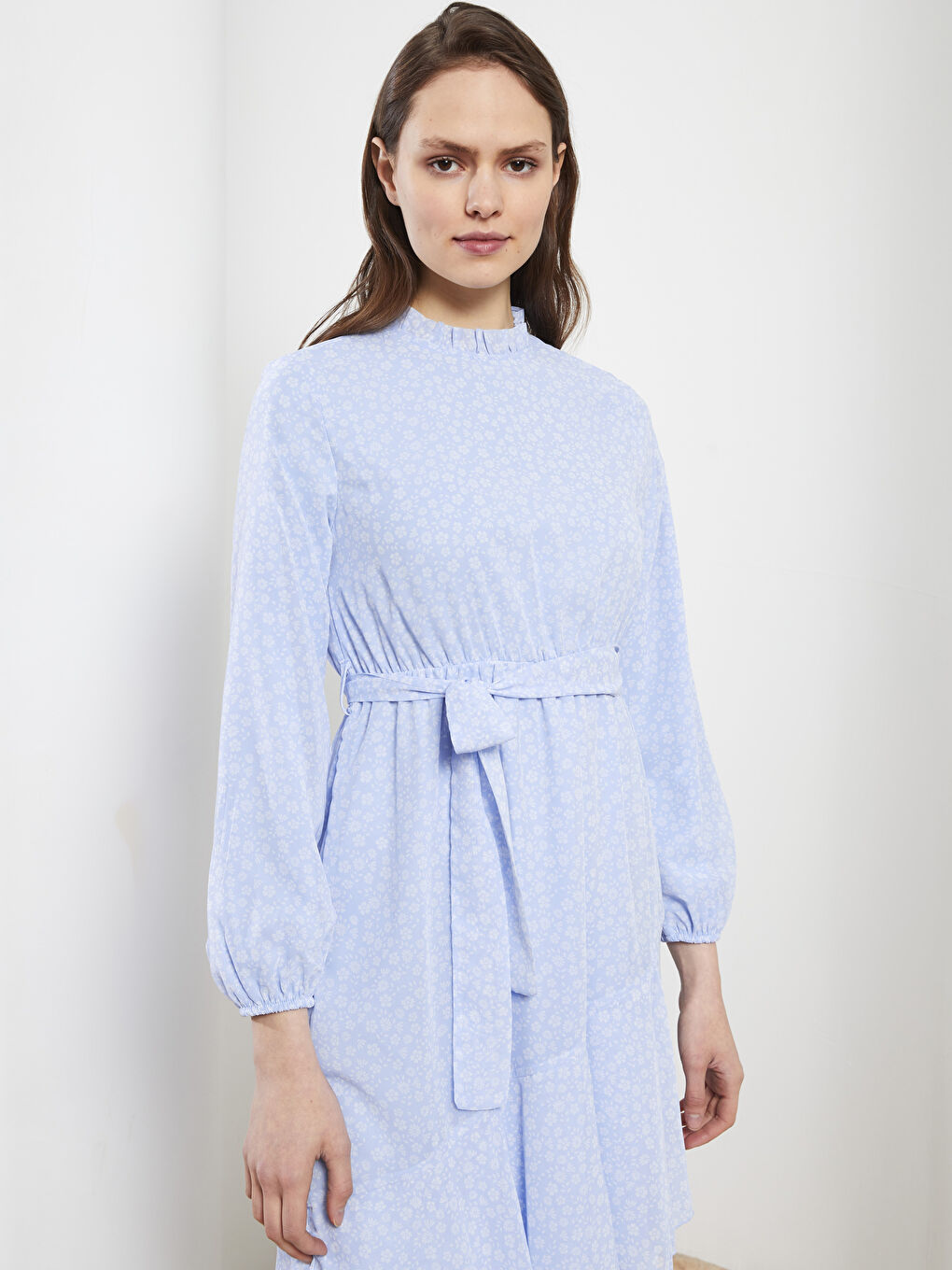 Rüschen Stehkragen Blumiges Langarm Chiffon Kleid für Damen-2