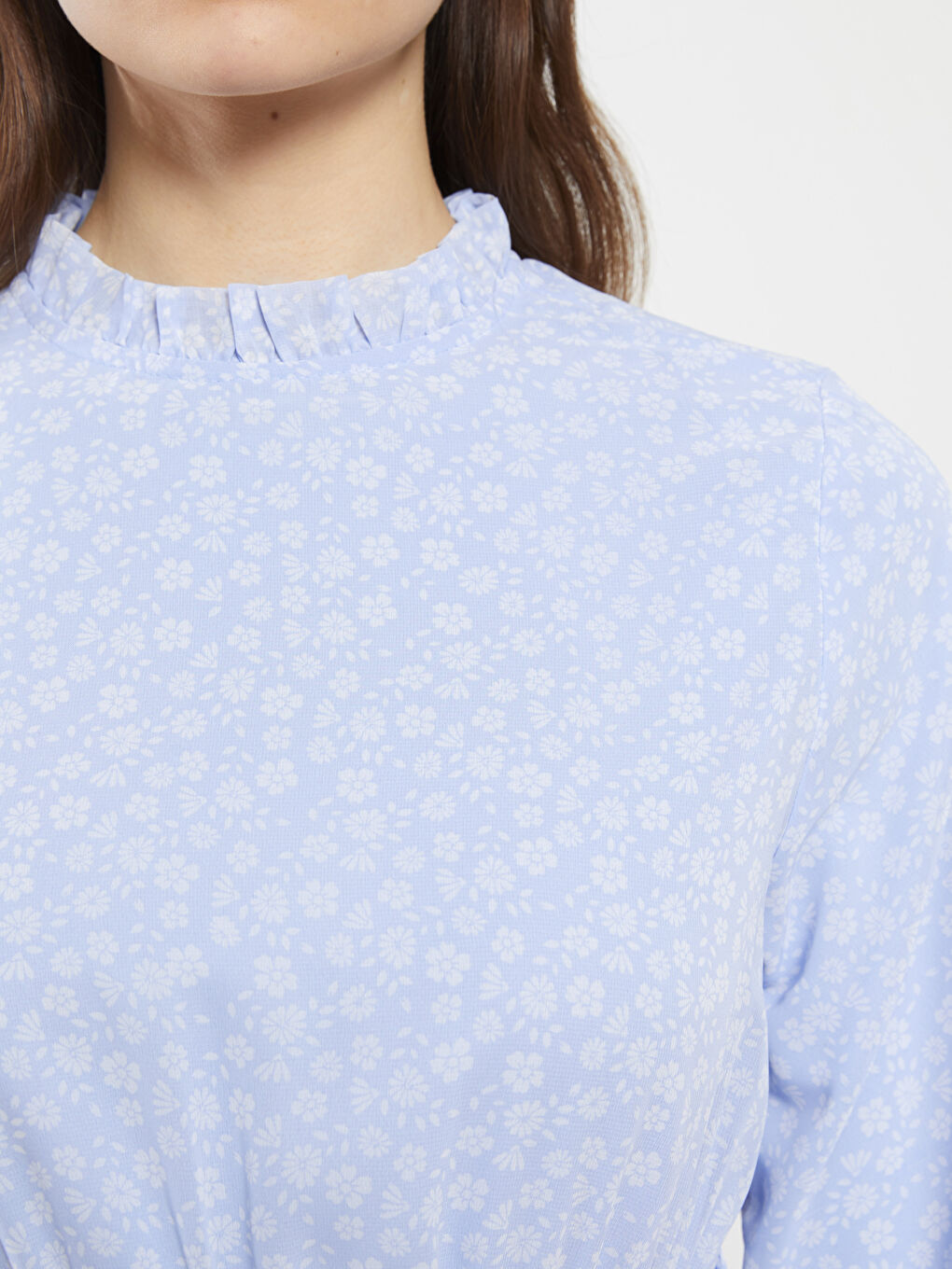 Rüschen Stehkragen Blumiges Langarm Chiffon Kleid für Damen-3