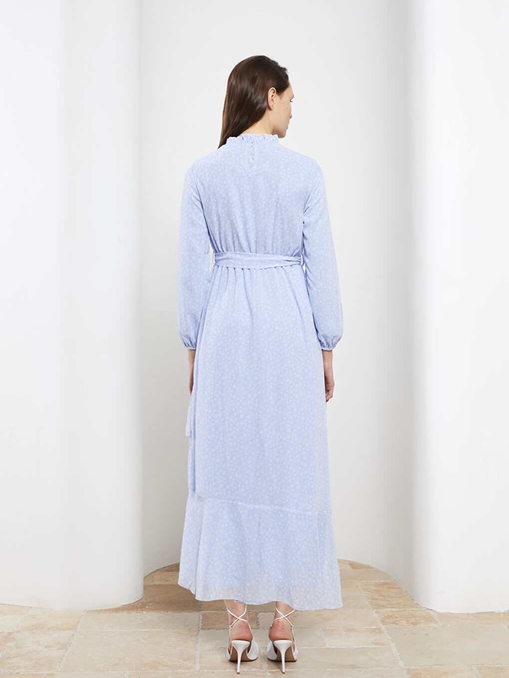 Rüschen Stehkragen Blumiges Langarm Chiffon Kleid für Damen-4