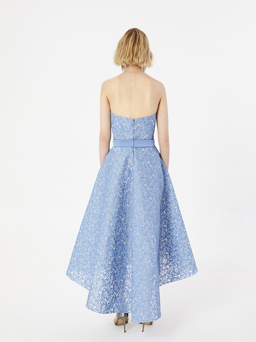 Mavi Straplez Yaka Nakışlı Kadın Elbise-4