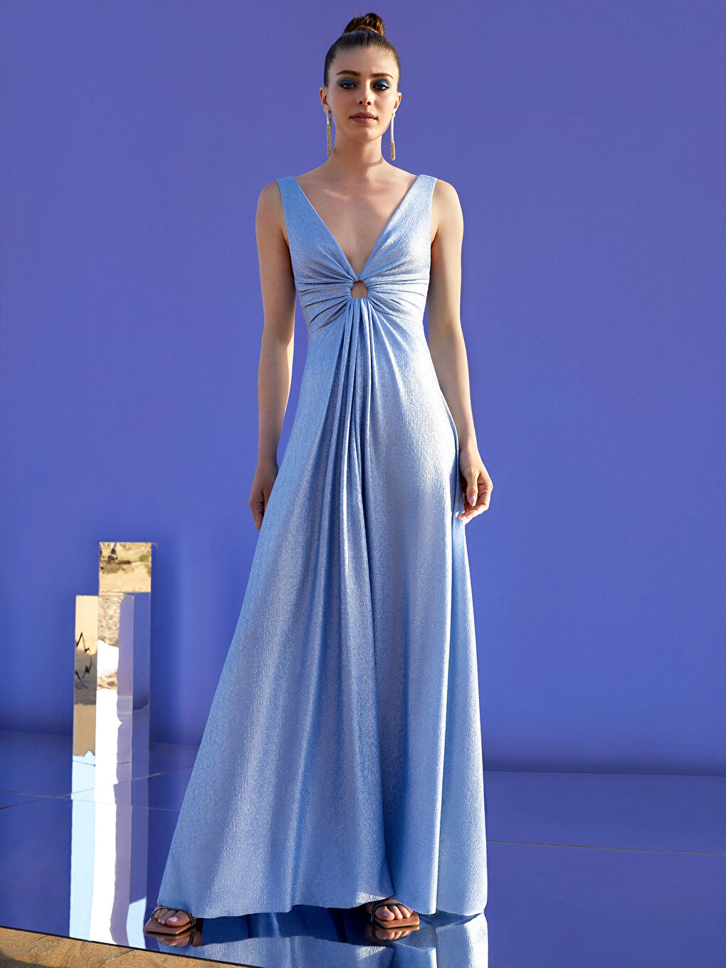 Mavi Kadın V Yaka Düz Elbise