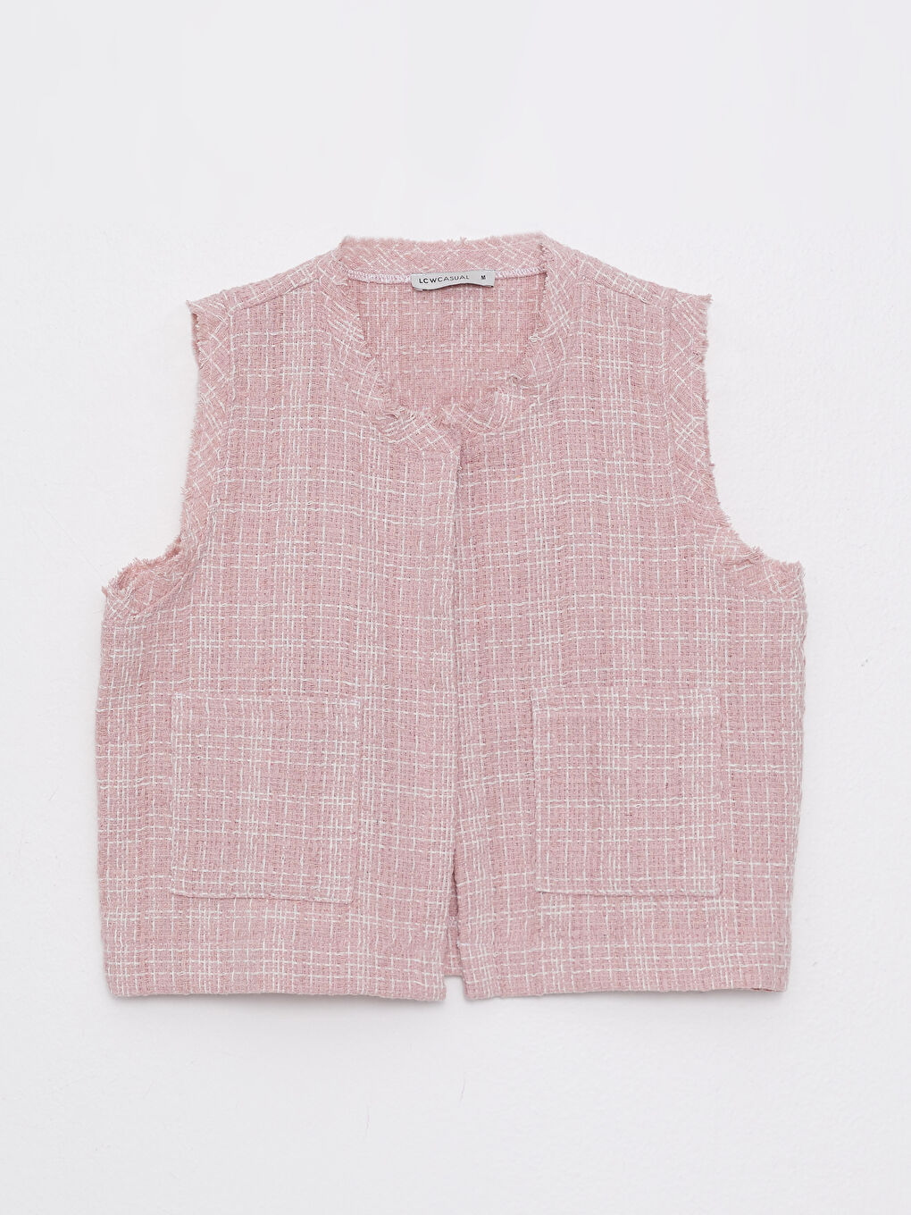 Pembe Bisiklet Yaka Kendinden Desenli Kolsuz Gabardin Kadın Bluz-5