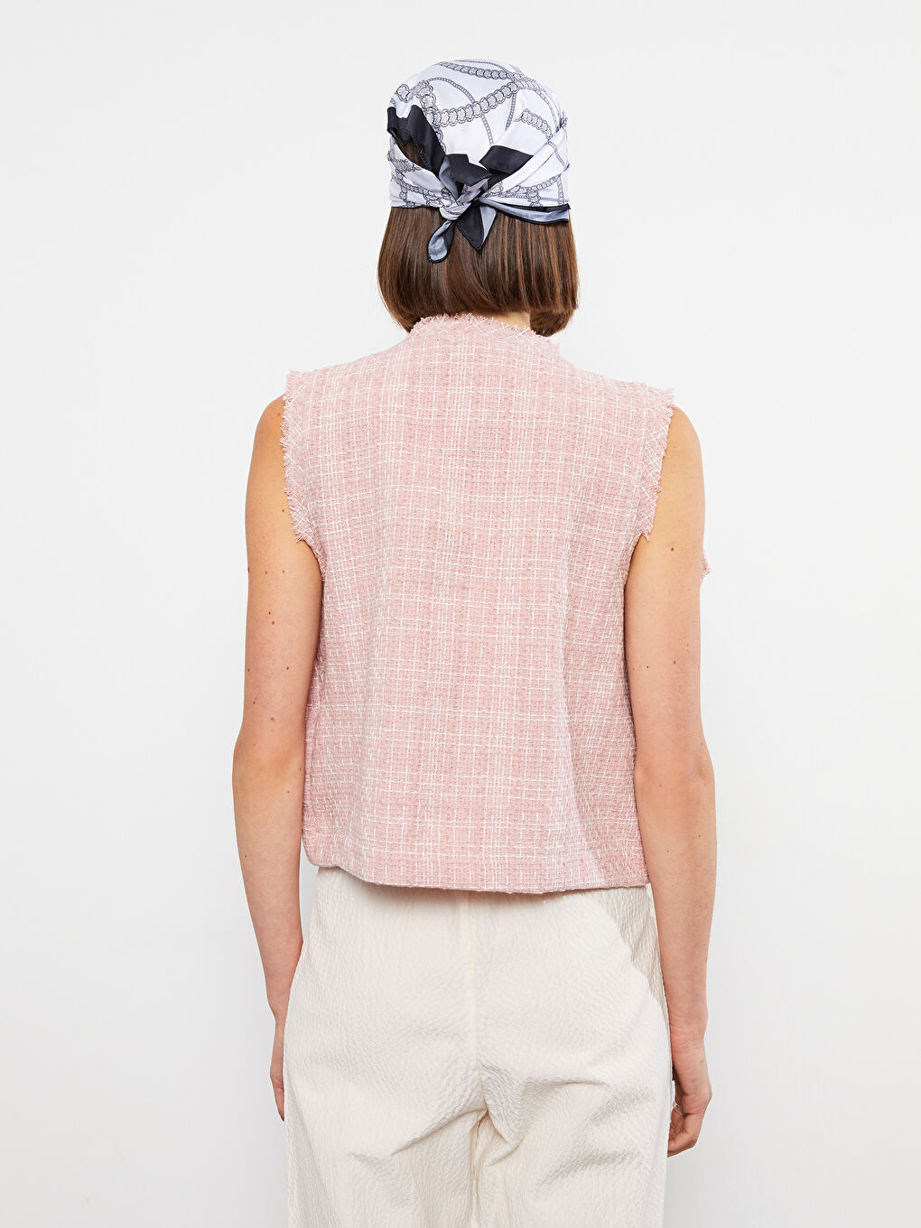 Pembe Bisiklet Yaka Kendinden Desenli Kolsuz Gabardin Kadın Bluz-4