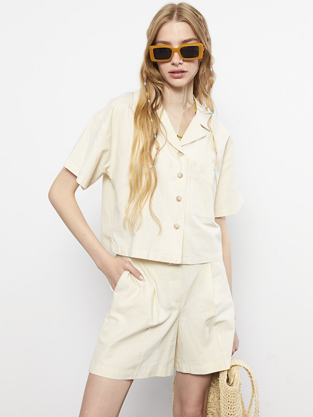 Front Button Closure Straight Short Sleeve Women's Shirt