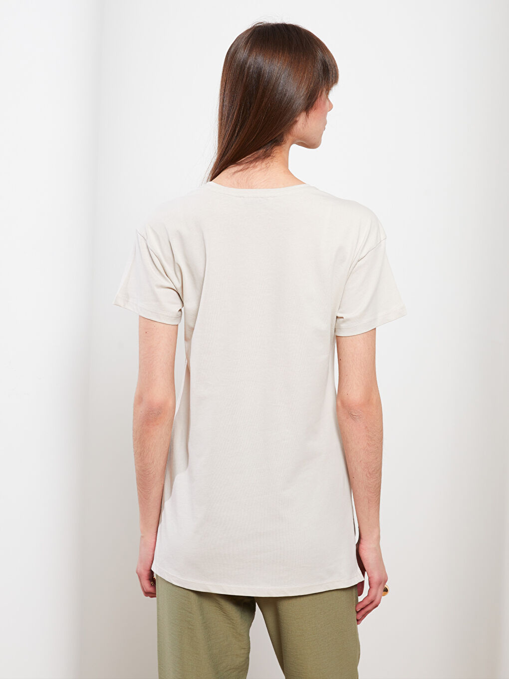 Gri Bisiklet Yaka Baskılı Kısa Kollu Pamuklu Kadın Tişört-3