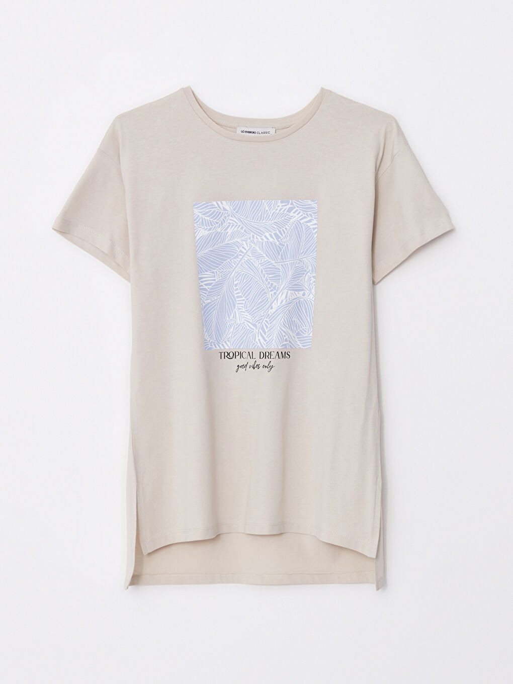 Gri Bisiklet Yaka Baskılı Kısa Kollu Pamuklu Kadın Tişört-4