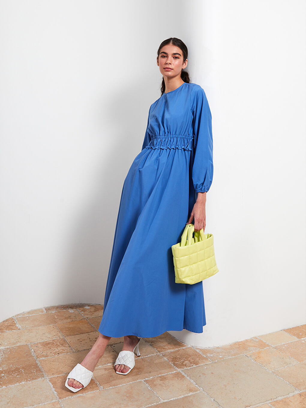 Mavi Bisiklet Yaka Düz Uzun Kollu Poplin Kadın Elbise