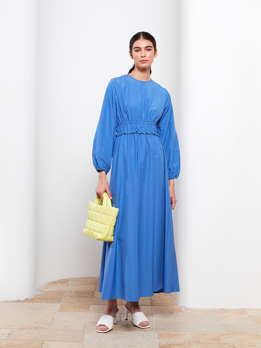 Mavi Bisiklet Yaka Düz Uzun Kollu Poplin Kadın Elbise-1