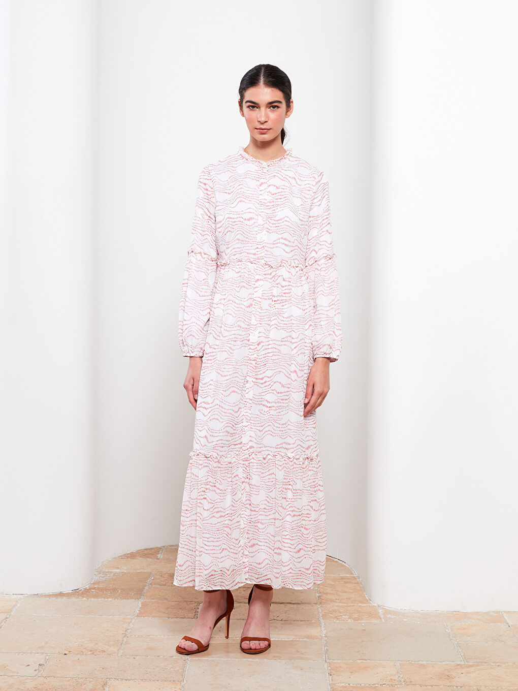 Turuncu Fırfır Yaka Desenli Uzun Kollu Şifon Kadın Elbise