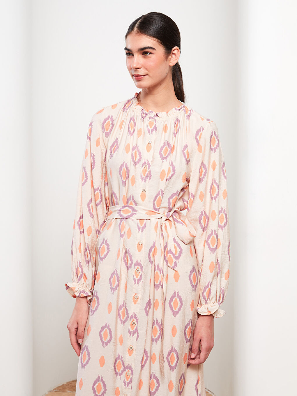 Bej Bisiklet Yaka Desenli Uzun Kollu Kadın Gömlek Elbise-2