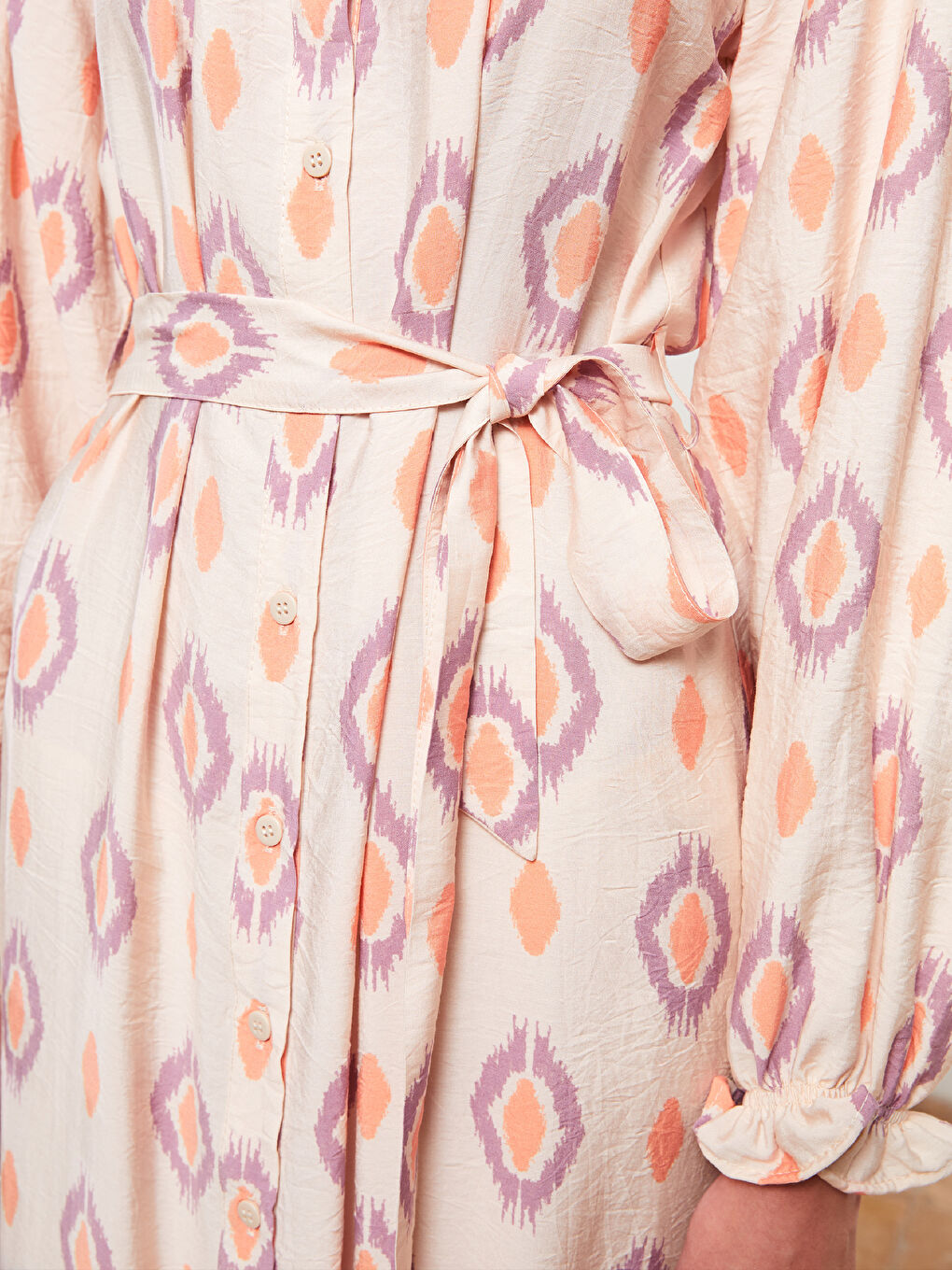 Bej Bisiklet Yaka Desenli Uzun Kollu Kadın Gömlek Elbise-3