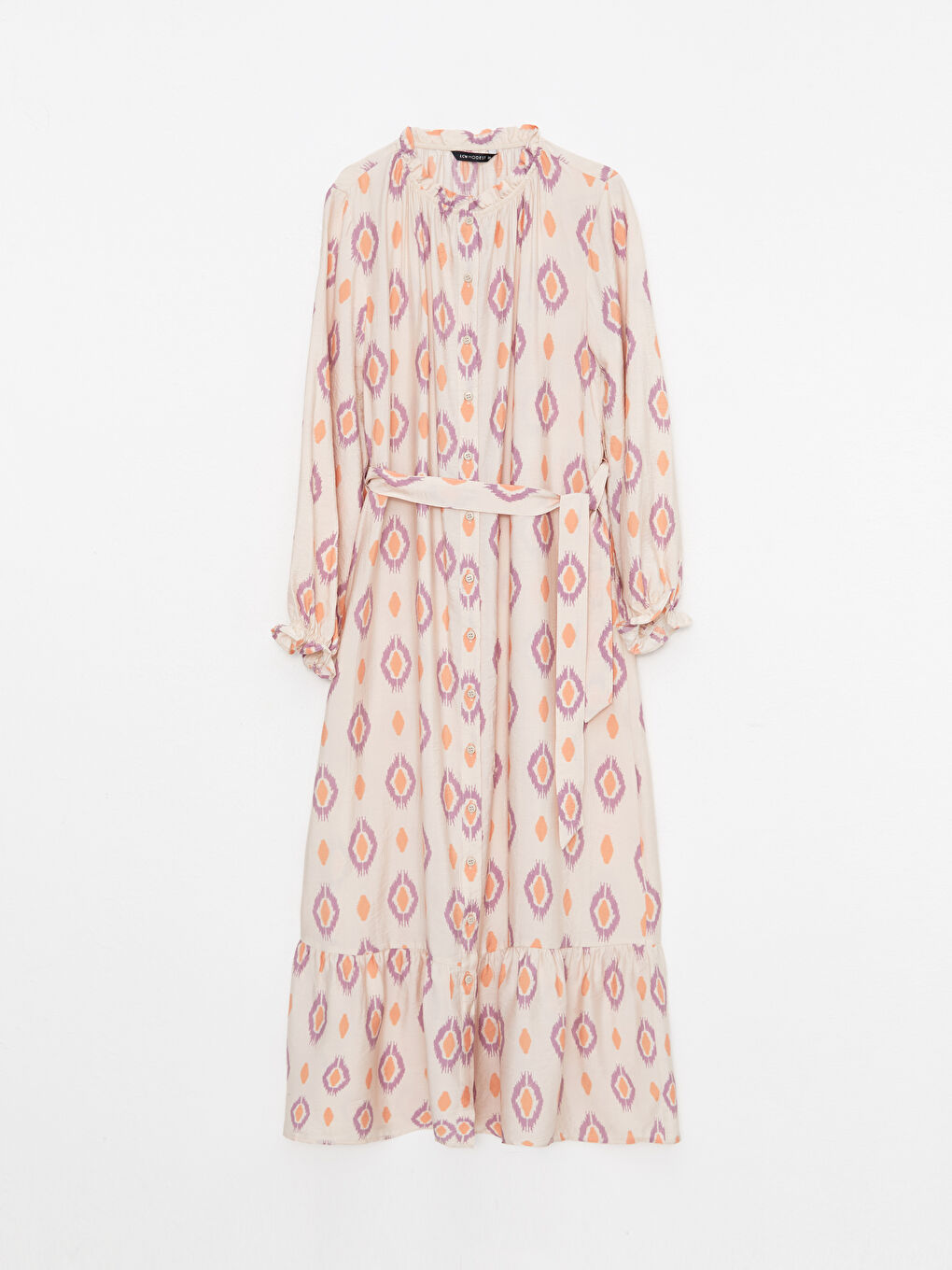 Bej Bisiklet Yaka Desenli Uzun Kollu Kadın Gömlek Elbise-5