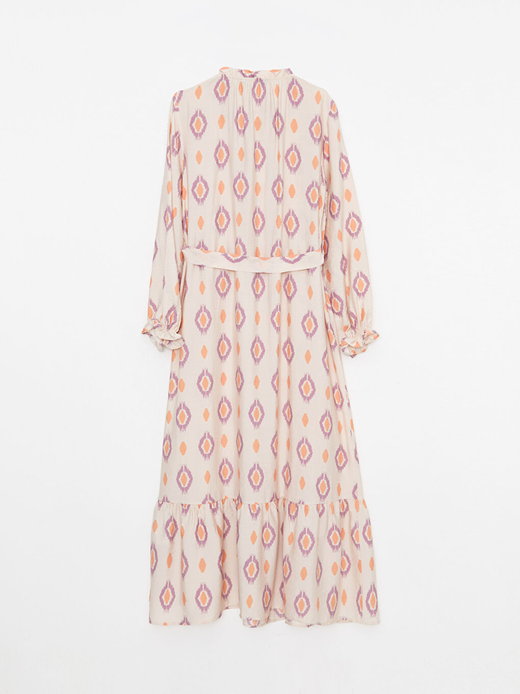 Bej Bisiklet Yaka Desenli Uzun Kollu Kadın Gömlek Elbise-6