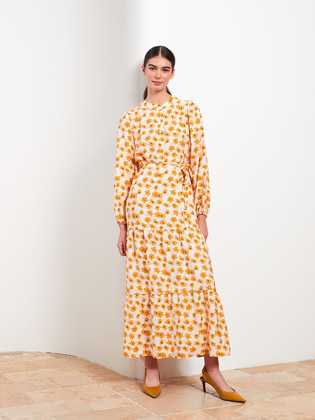 Pembe Bisiklet Yaka Çiçekli Uzun Kollu Kadın Gömlek Elbise