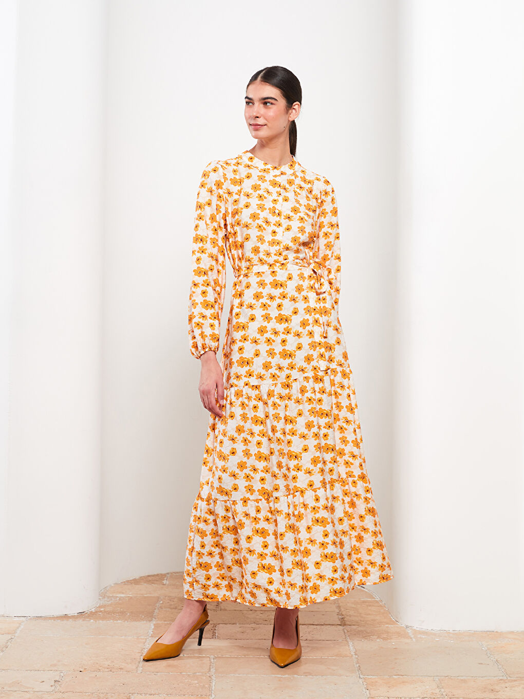 Pembe Bisiklet Yaka Çiçekli Uzun Kollu Kadın Gömlek Elbise-1