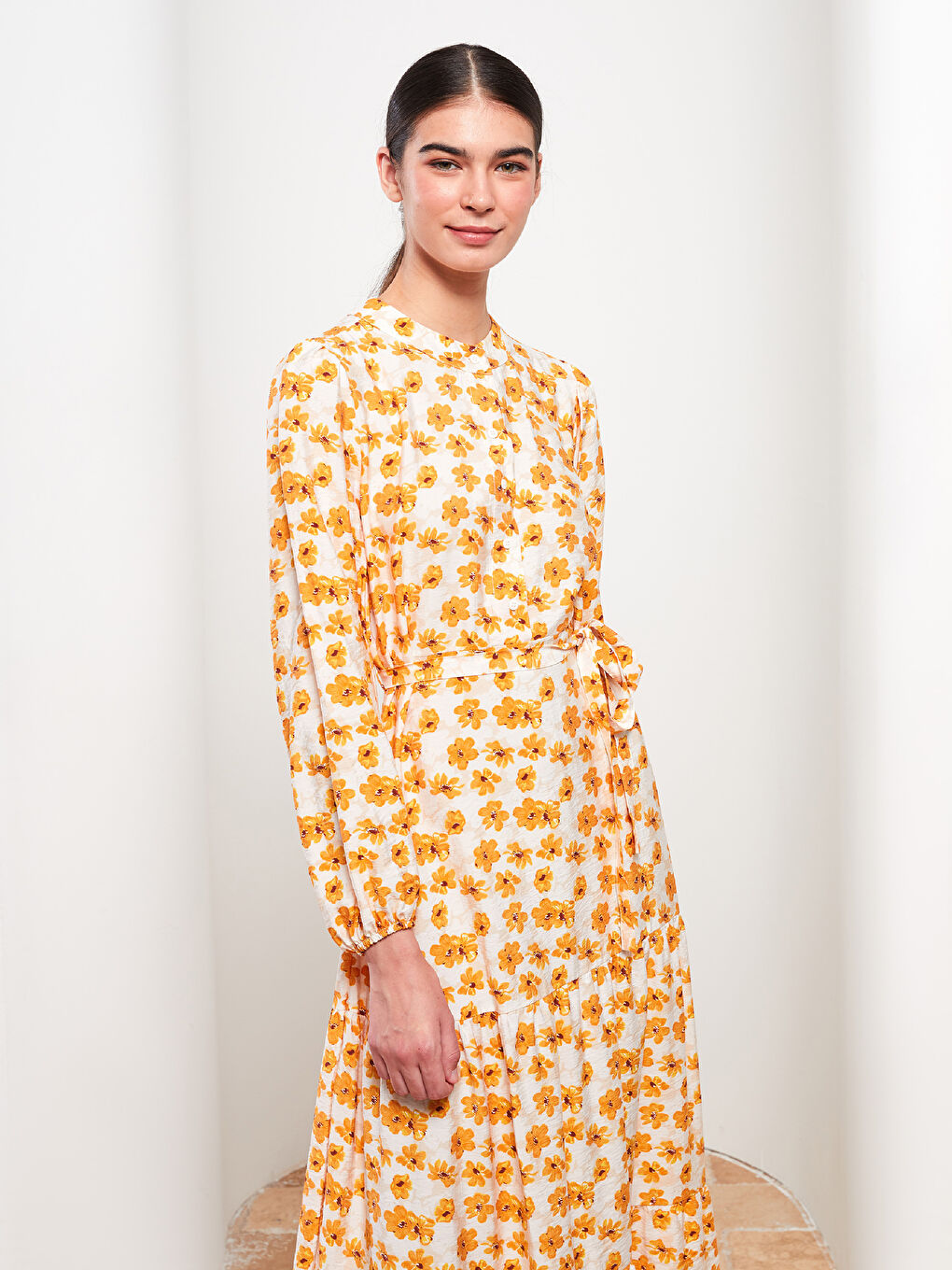 Pembe Bisiklet Yaka Çiçekli Uzun Kollu Kadın Gömlek Elbise-2