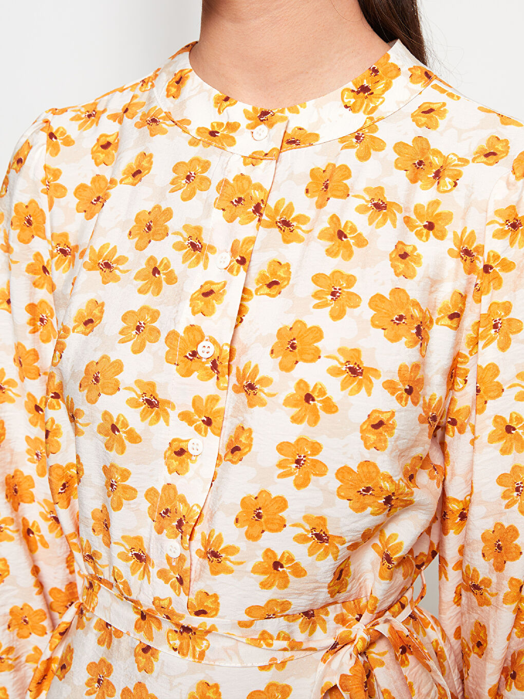 Pembe Bisiklet Yaka Çiçekli Uzun Kollu Kadın Gömlek Elbise-3