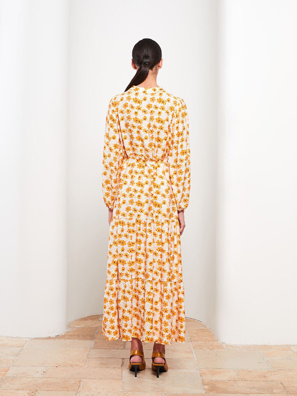 Pembe Bisiklet Yaka Çiçekli Uzun Kollu Kadın Gömlek Elbise-4