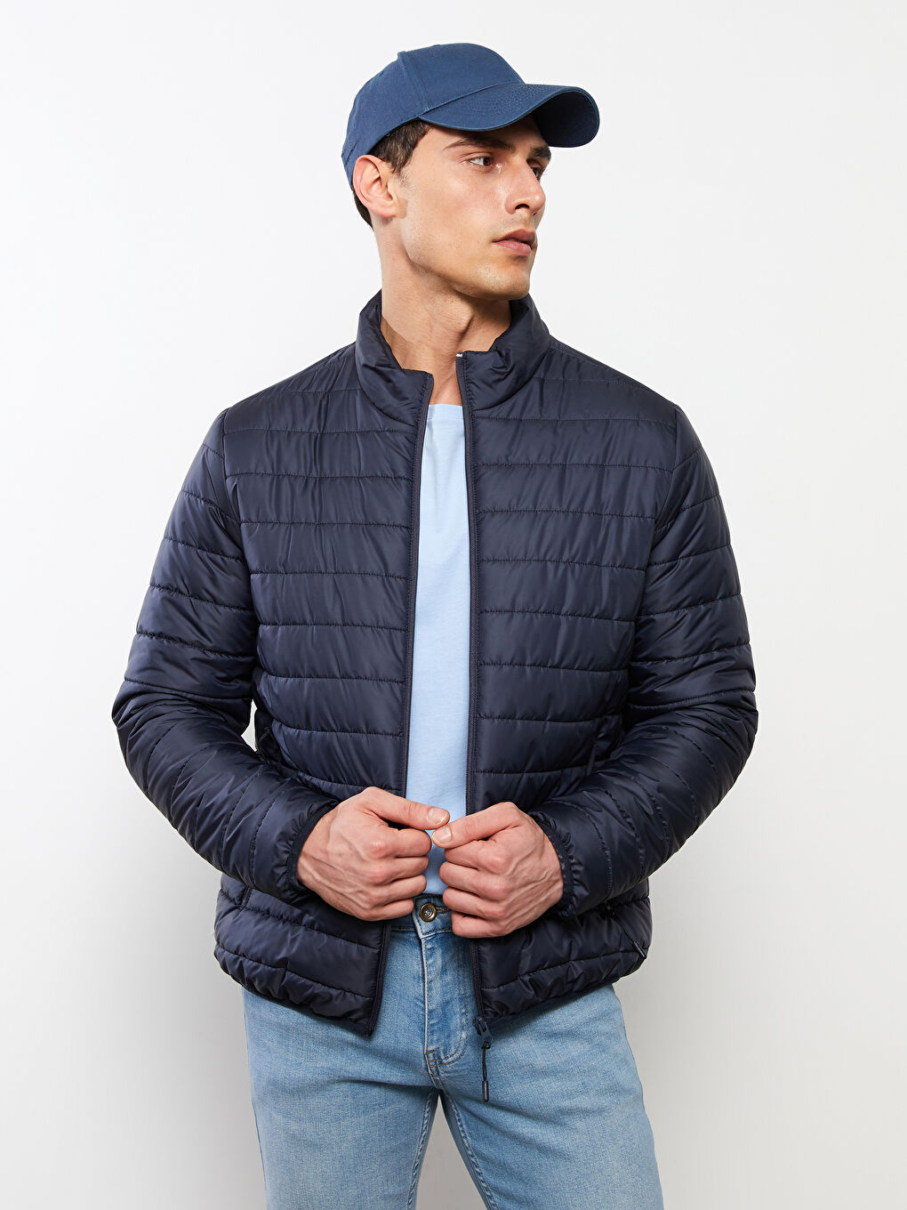 Lacivert Standart Kalıp Dik Yaka Erkek Şişme Mont