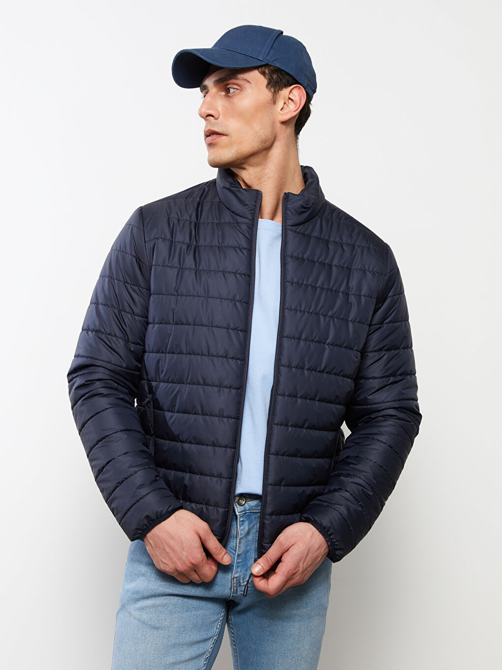 Lacivert Standart Kalıp Dik Yaka Erkek Şişme Mont-2