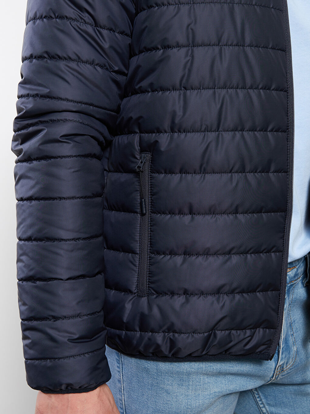 Lacivert Standart Kalıp Dik Yaka Erkek Şişme Mont-4