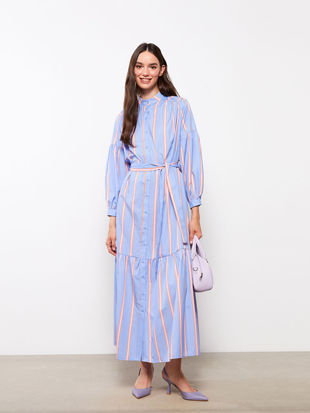 Mavi Hakim Yaka Çizgili Uzun Kollu Kadın Gömlek Elbise