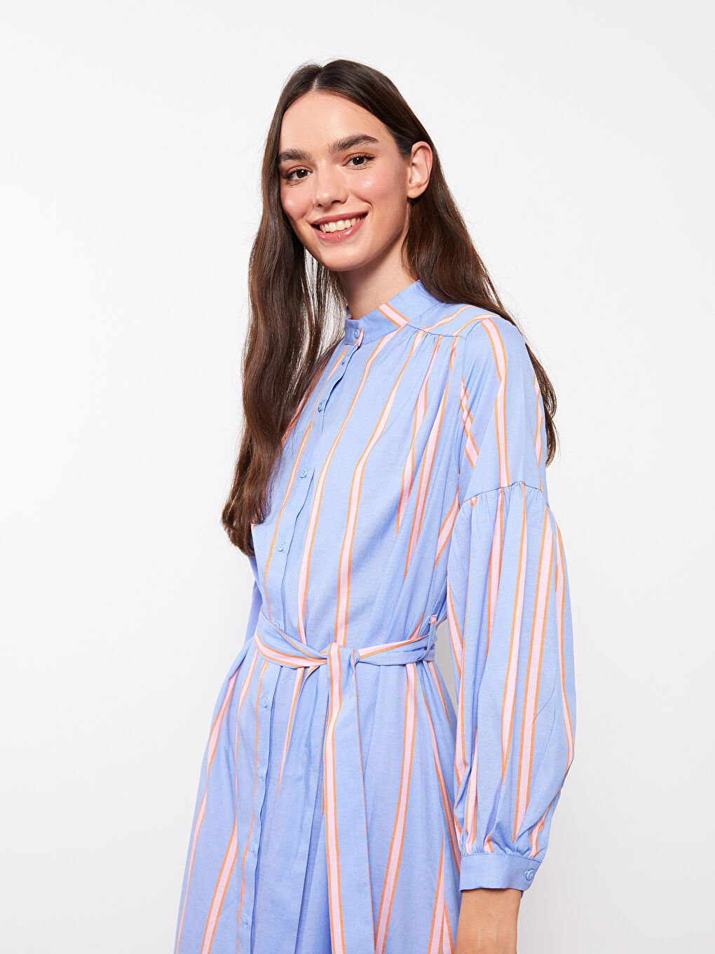 Mavi Hakim Yaka Çizgili Uzun Kollu Kadın Gömlek Elbise-1
