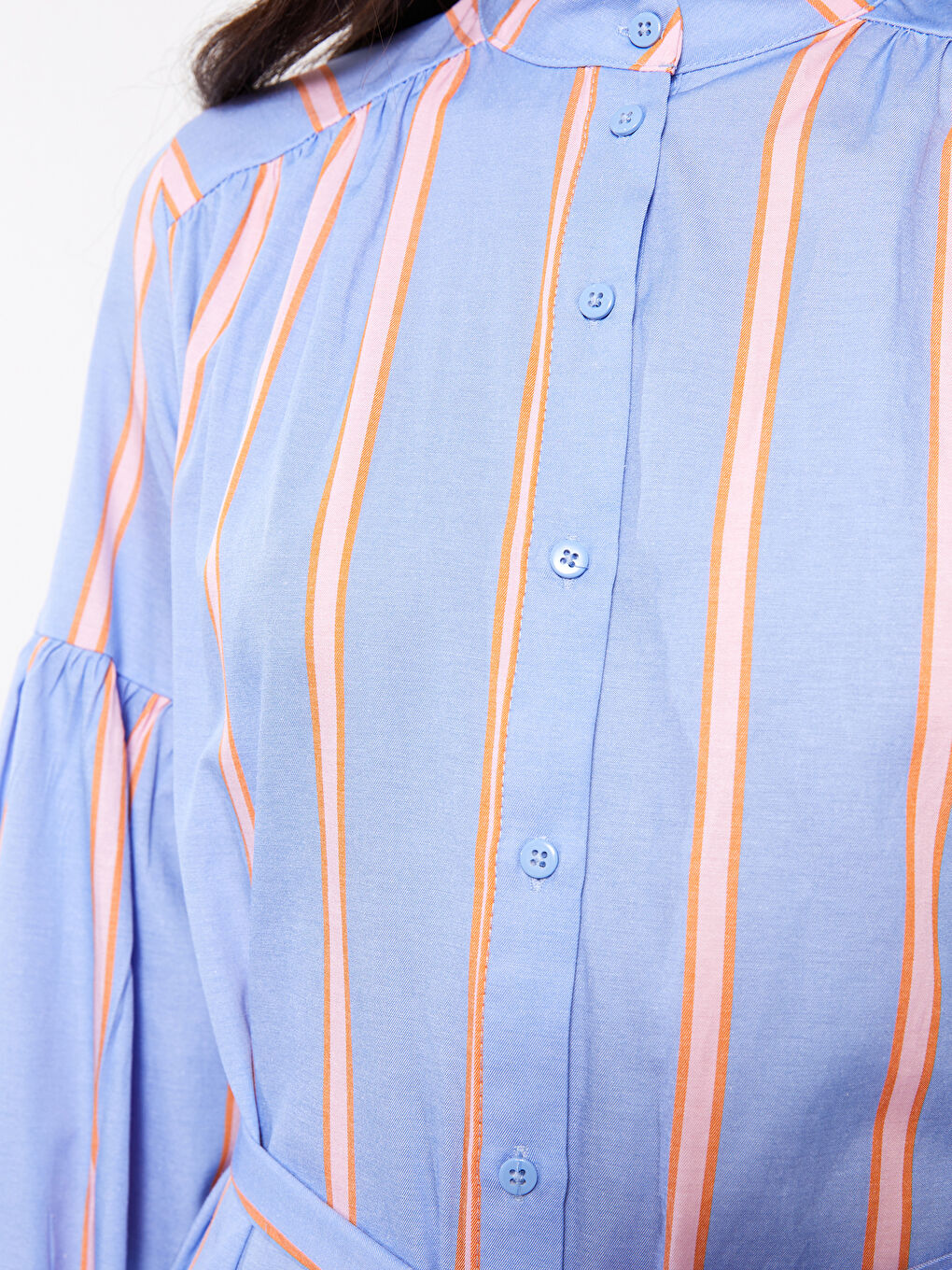 Mavi Hakim Yaka Çizgili Uzun Kollu Kadın Gömlek Elbise-2
