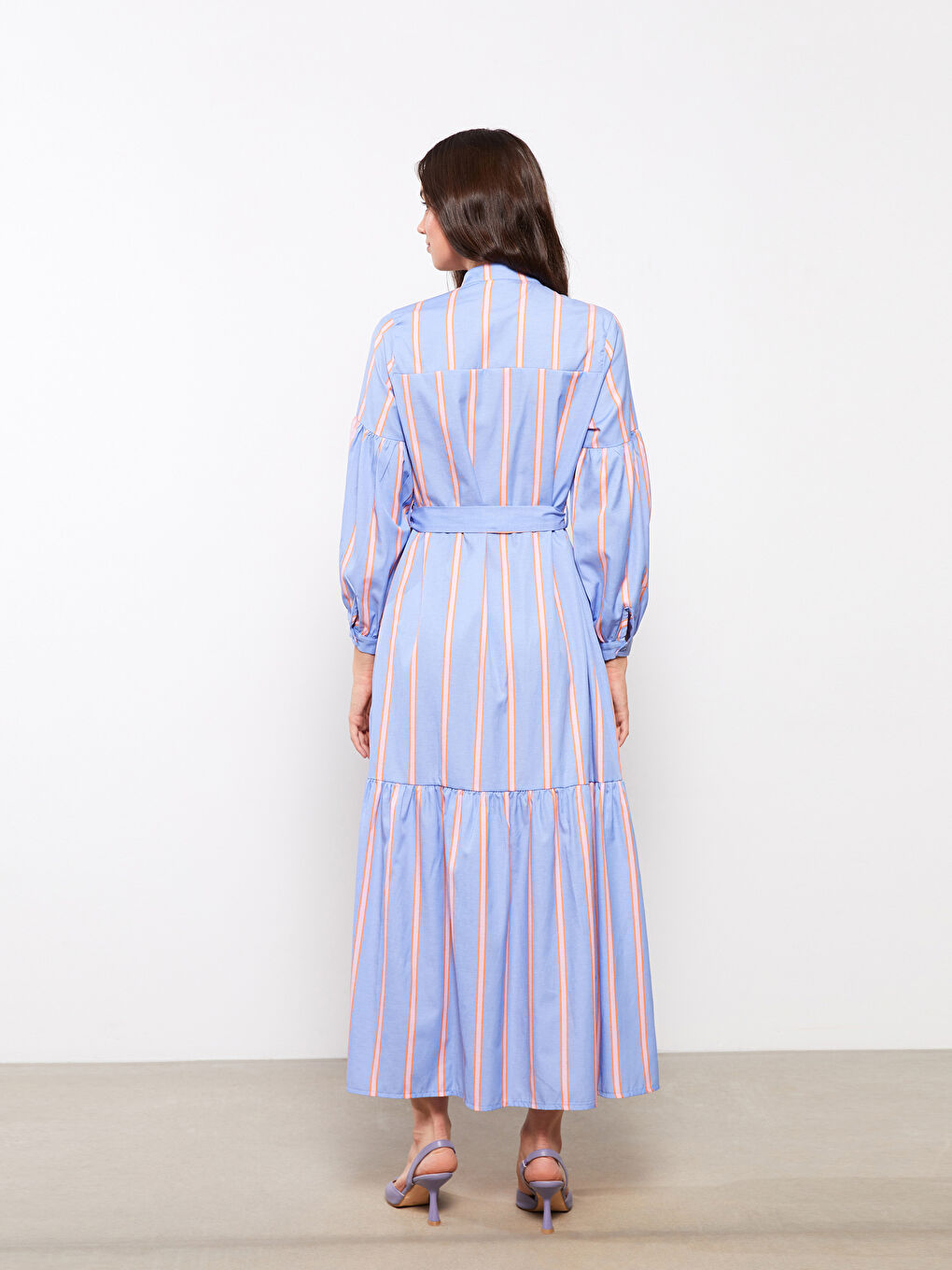 Mavi Hakim Yaka Çizgili Uzun Kollu Kadın Gömlek Elbise-3