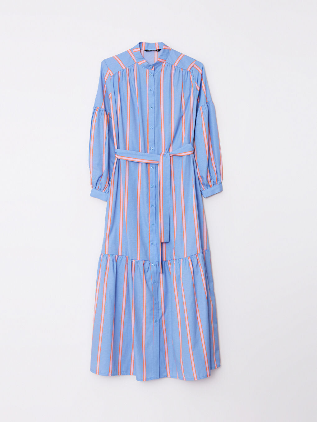 Mavi Hakim Yaka Çizgili Uzun Kollu Kadın Gömlek Elbise-4