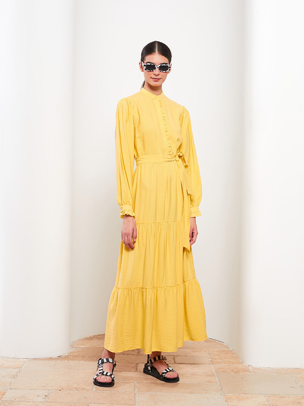 Sarı Bisiklet Yaka Düz Uzun Kollu Poplin Kadın Elbise-1