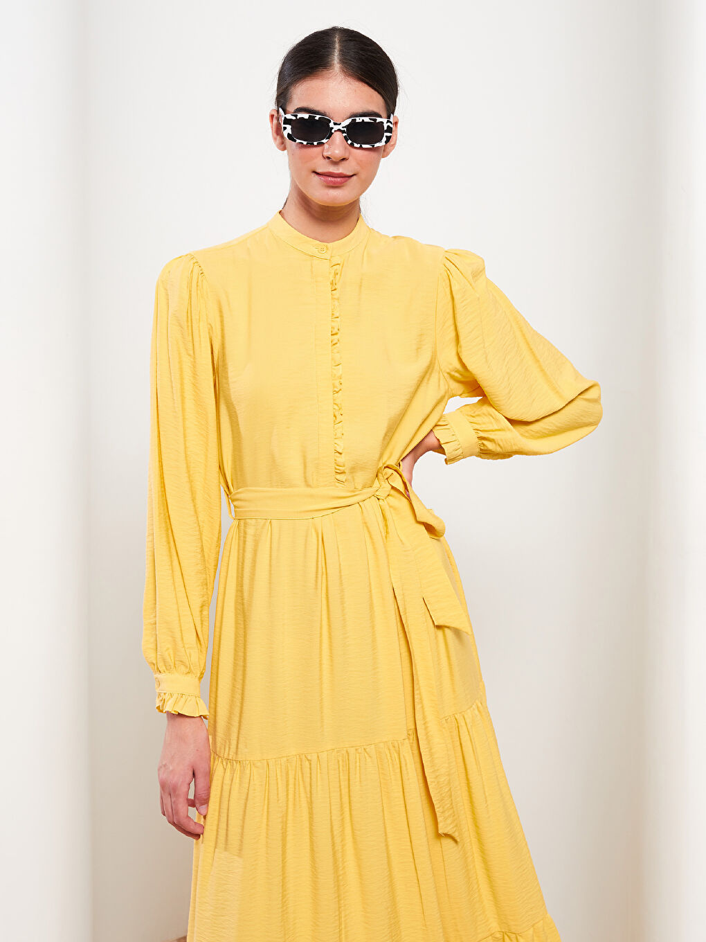 Sarı Bisiklet Yaka Düz Uzun Kollu Poplin Kadın Elbise-2