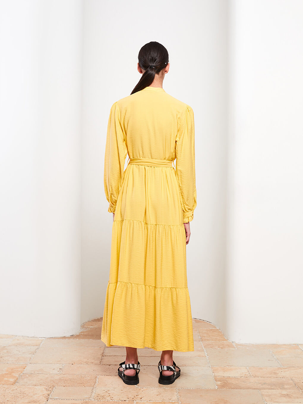 Sarı Bisiklet Yaka Düz Uzun Kollu Poplin Kadın Elbise-4