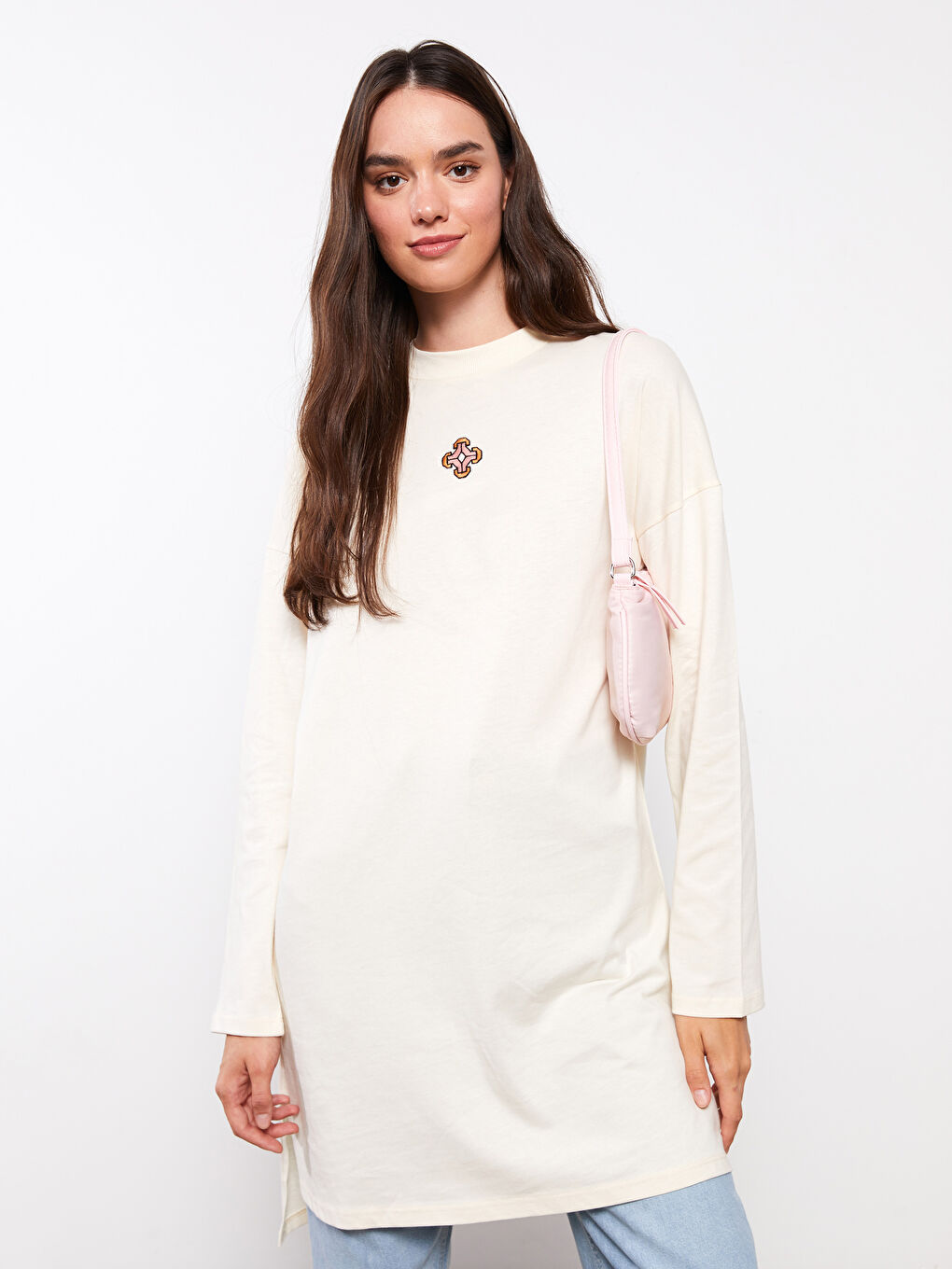 Ekru Bisiklet Yaka Baskılı Uzun Kollu Pamuklu Kadın Tunik-1