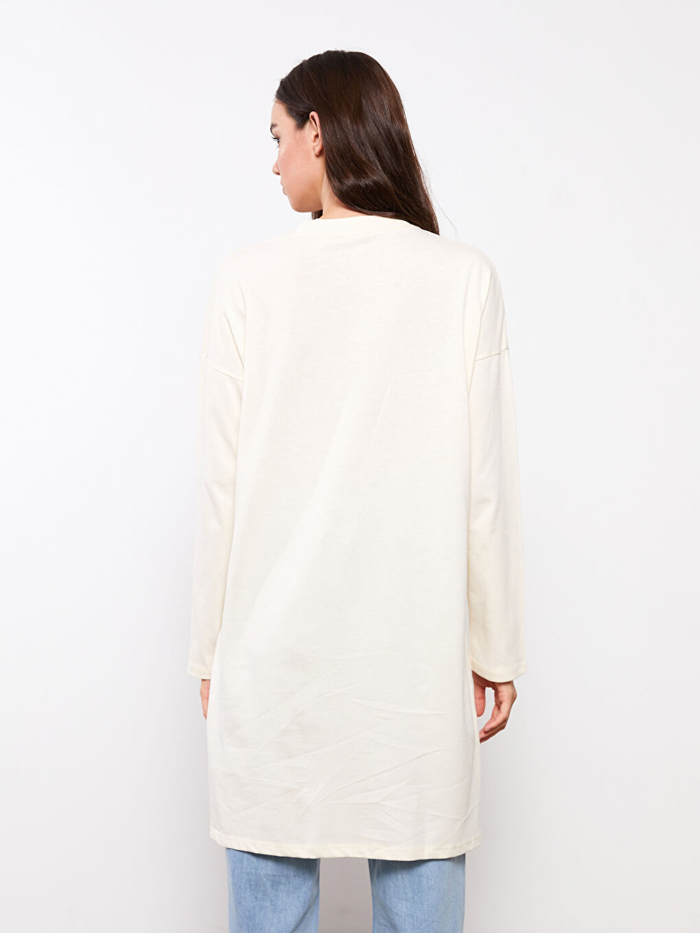 Ekru Bisiklet Yaka Baskılı Uzun Kollu Pamuklu Kadın Tunik-4