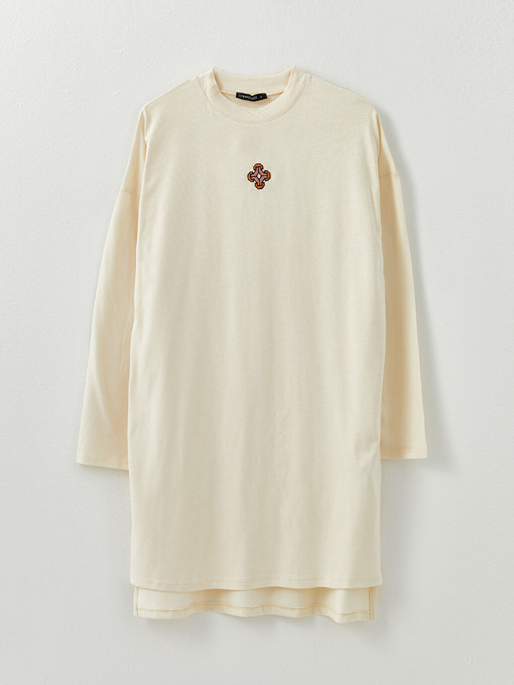 Ekru Bisiklet Yaka Baskılı Uzun Kollu Pamuklu Kadın Tunik-5