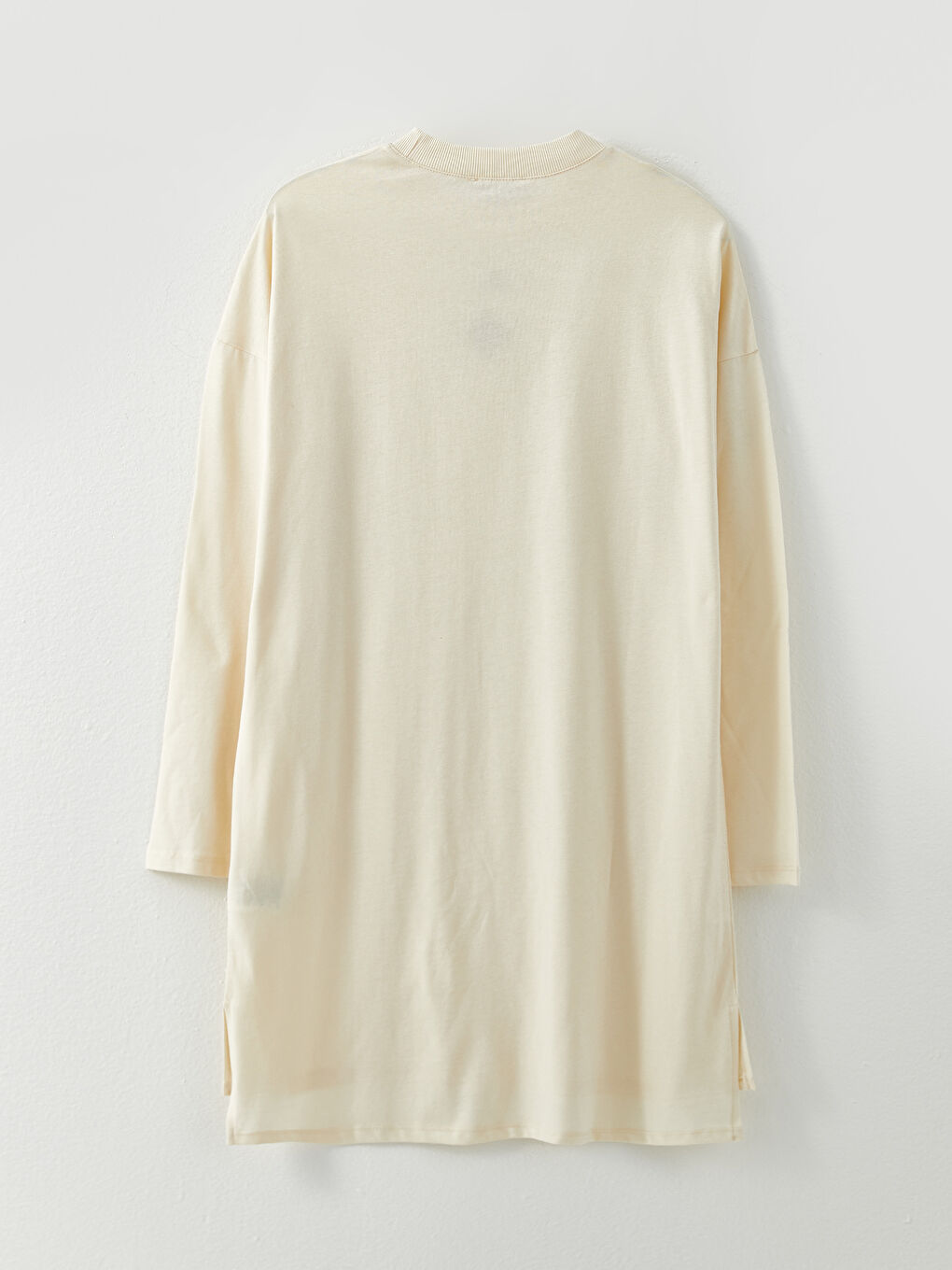 Ekru Bisiklet Yaka Baskılı Uzun Kollu Pamuklu Kadın Tunik-6