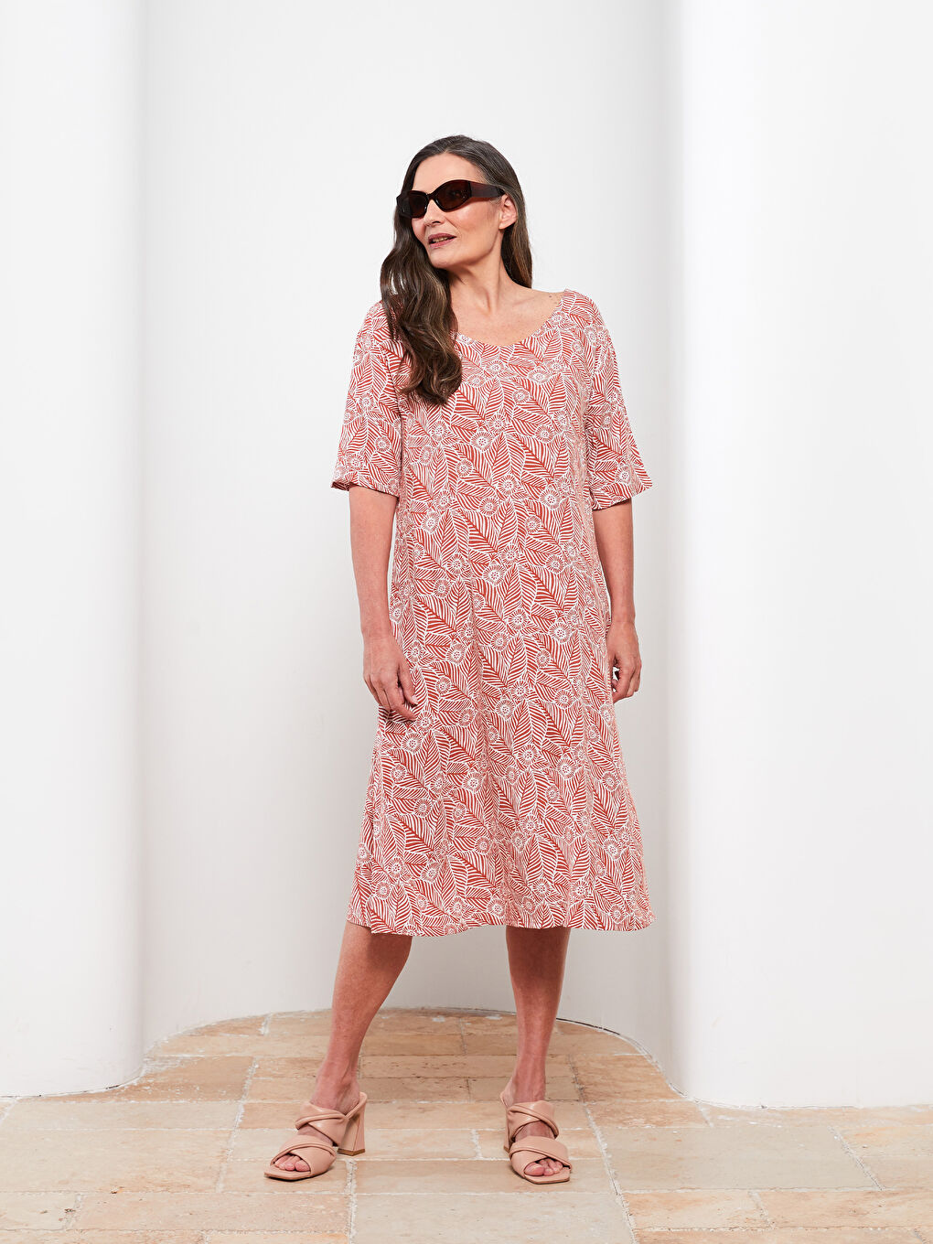 V Neck Patterned Short Sleeve Viscose Women Dress -S2JQ03Z8-LT3