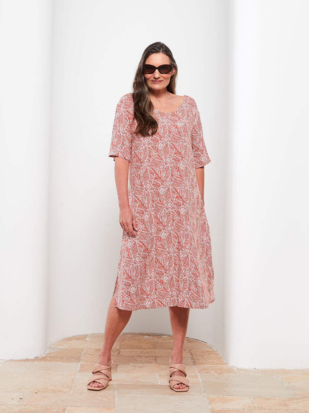 V Neck Patterned Short Sleeve Viscose Women Dress -S2JQ03Z8-LT3