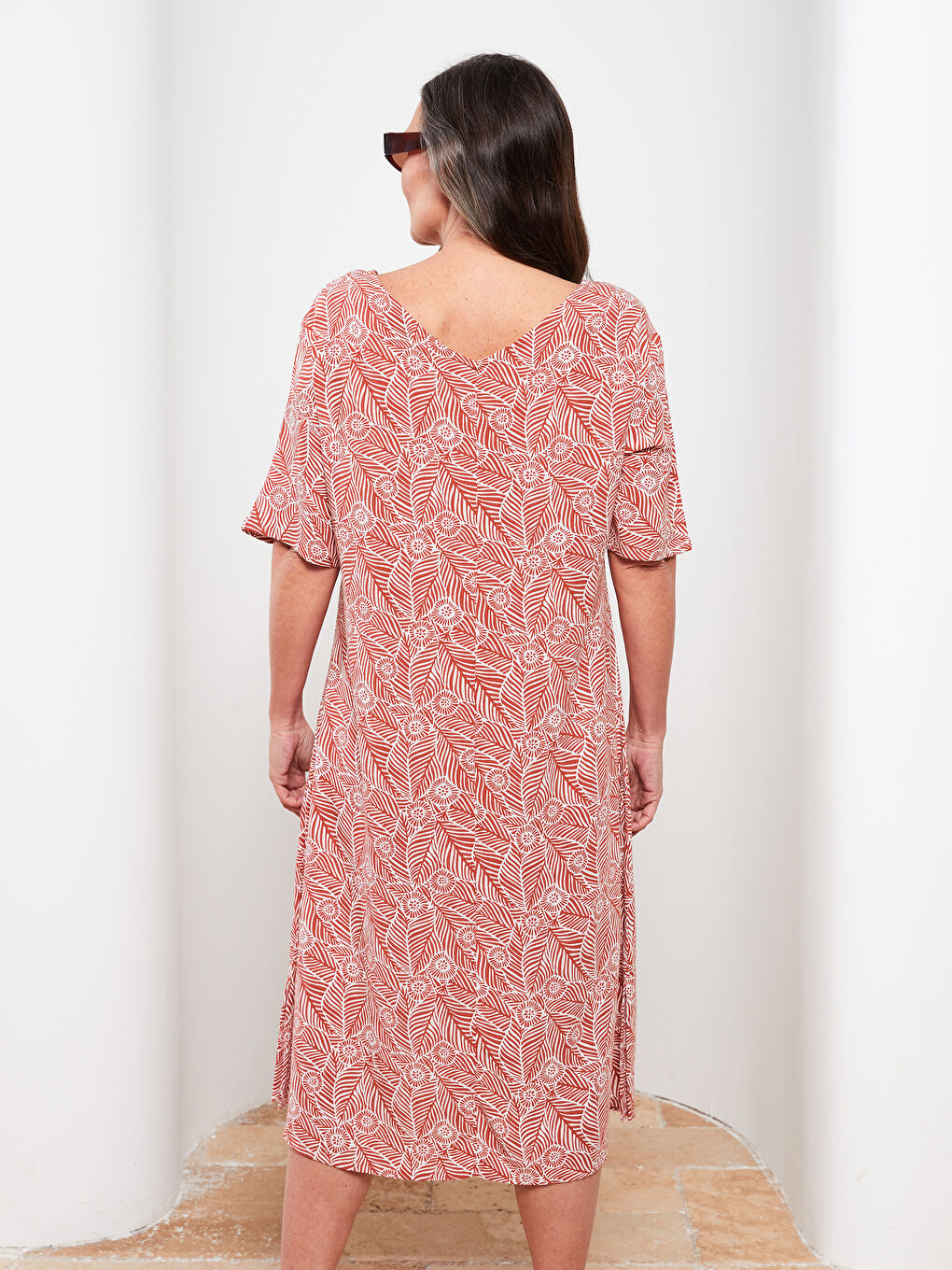 V Neck Patterned Short Sleeve Viscose Women Dress -S2JQ03Z8-LT3