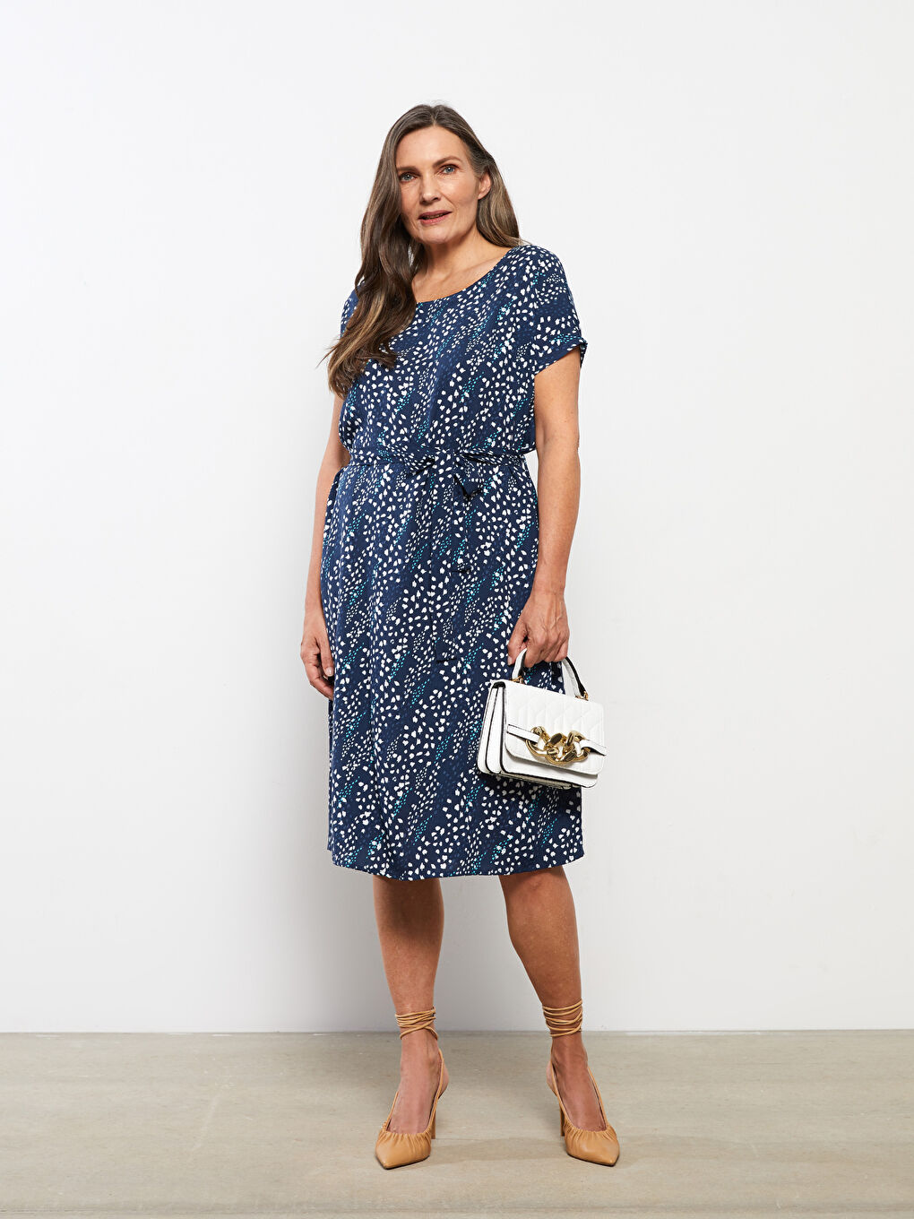 Crew Neck Patterned Short Sleeve Viscose Women's Dress -S2JQ04Z8-LSJ