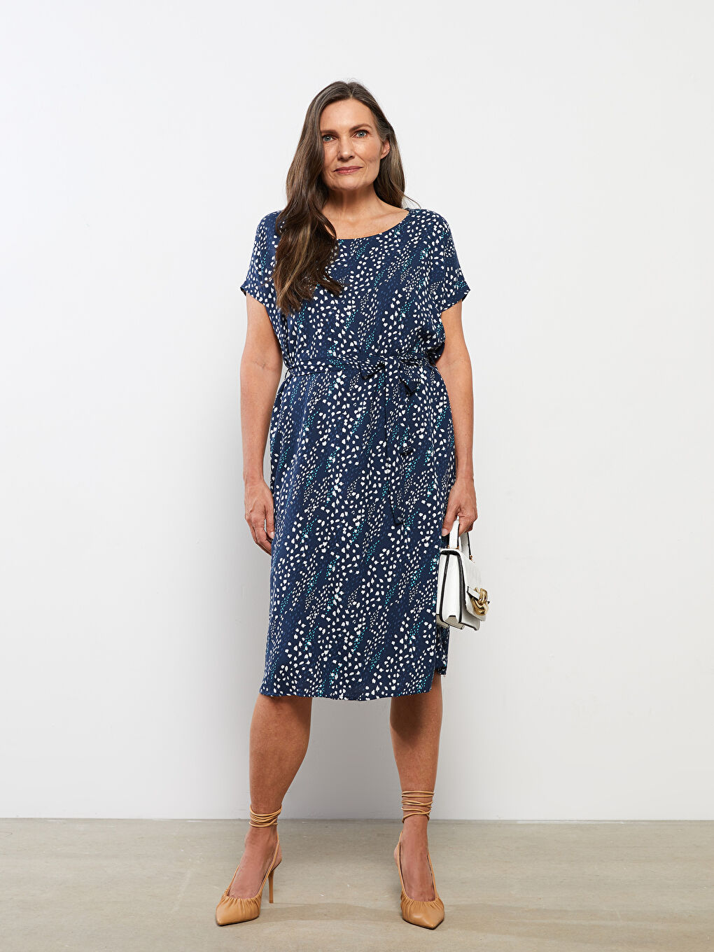 Crew Neck Patterned Short Sleeve Viscose Women's Dress -S2JQ04Z8-LSJ