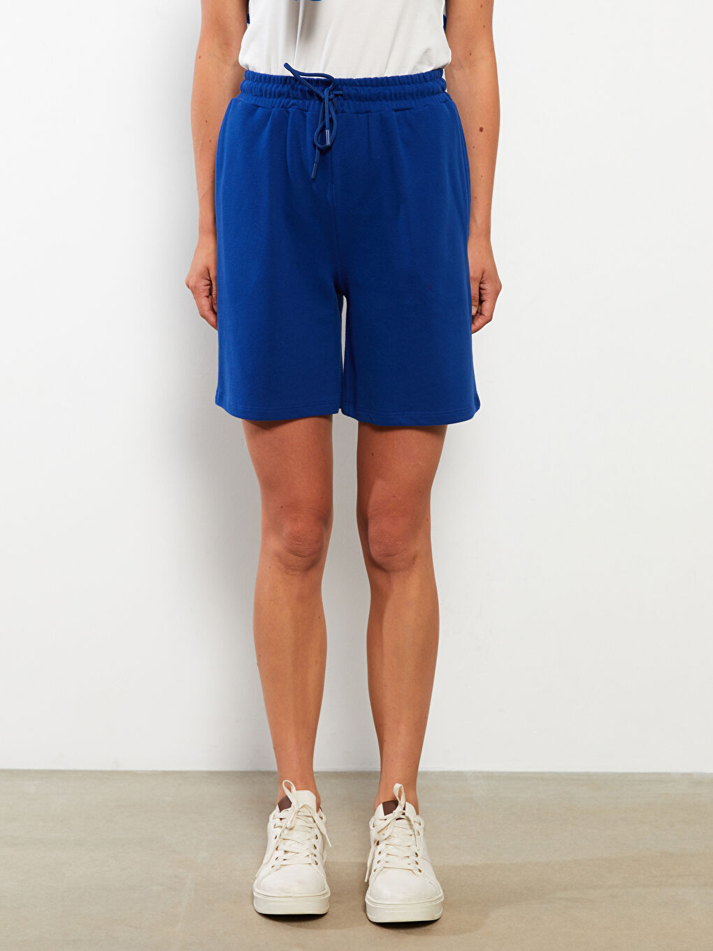 Lacivert Beli Lastikli Düz Pamuklu Kadın Bermuda Şort-2