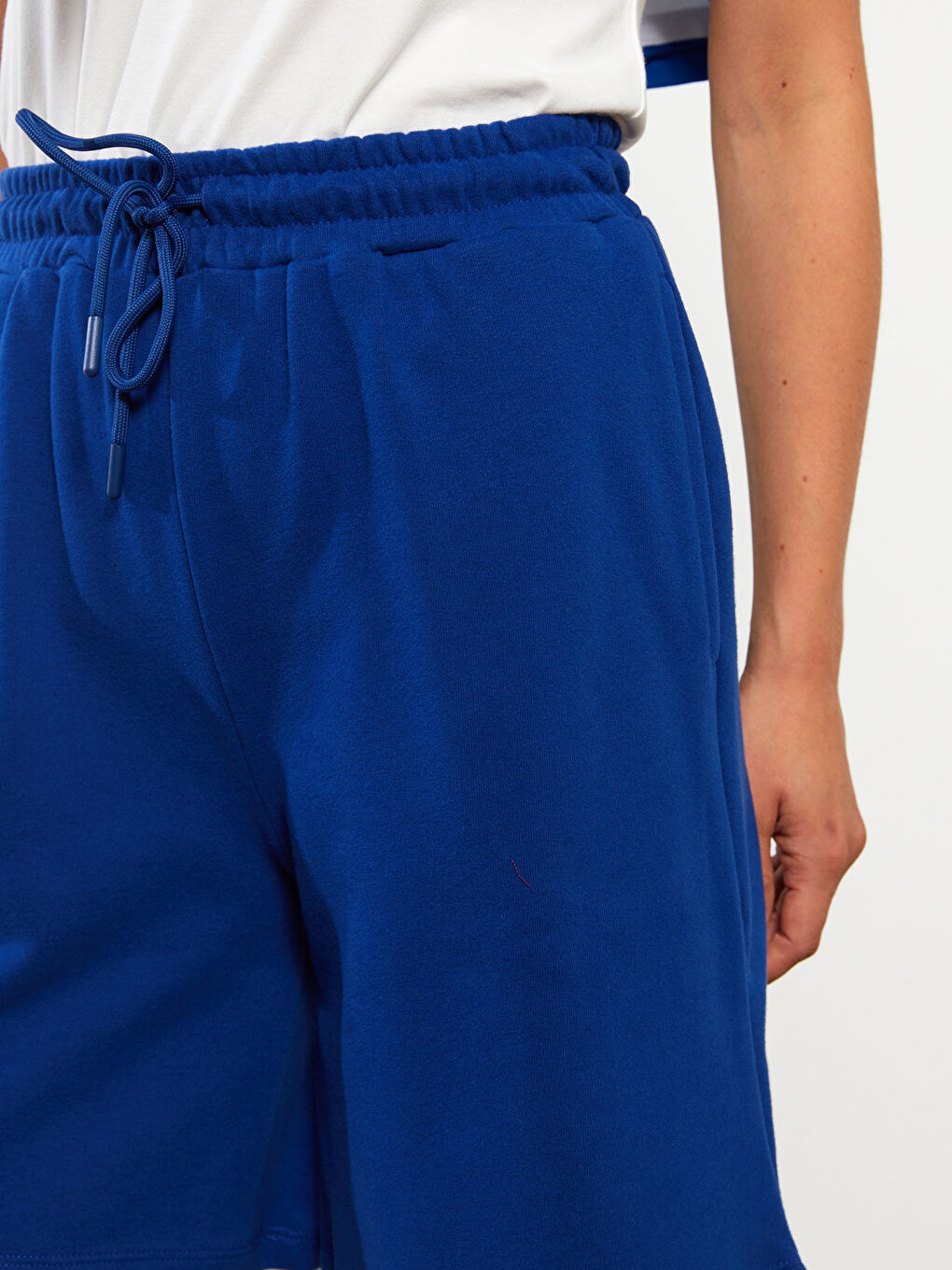 Lacivert Beli Lastikli Düz Pamuklu Kadın Bermuda Şort-3