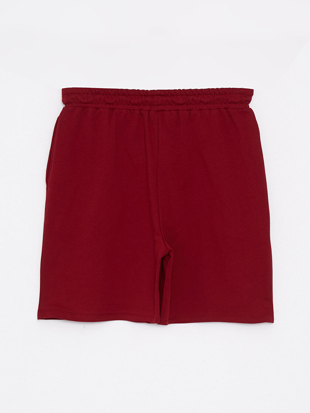 Bordo Beli Lastikli Düz Pamuklu Kadın Bermuda Şort-1