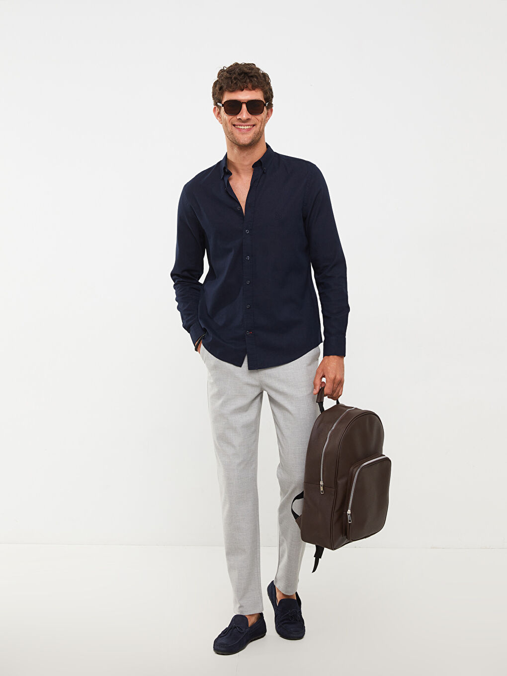 Lacivert Regular Fit Uzun Kollu Erkek Gömlek-4