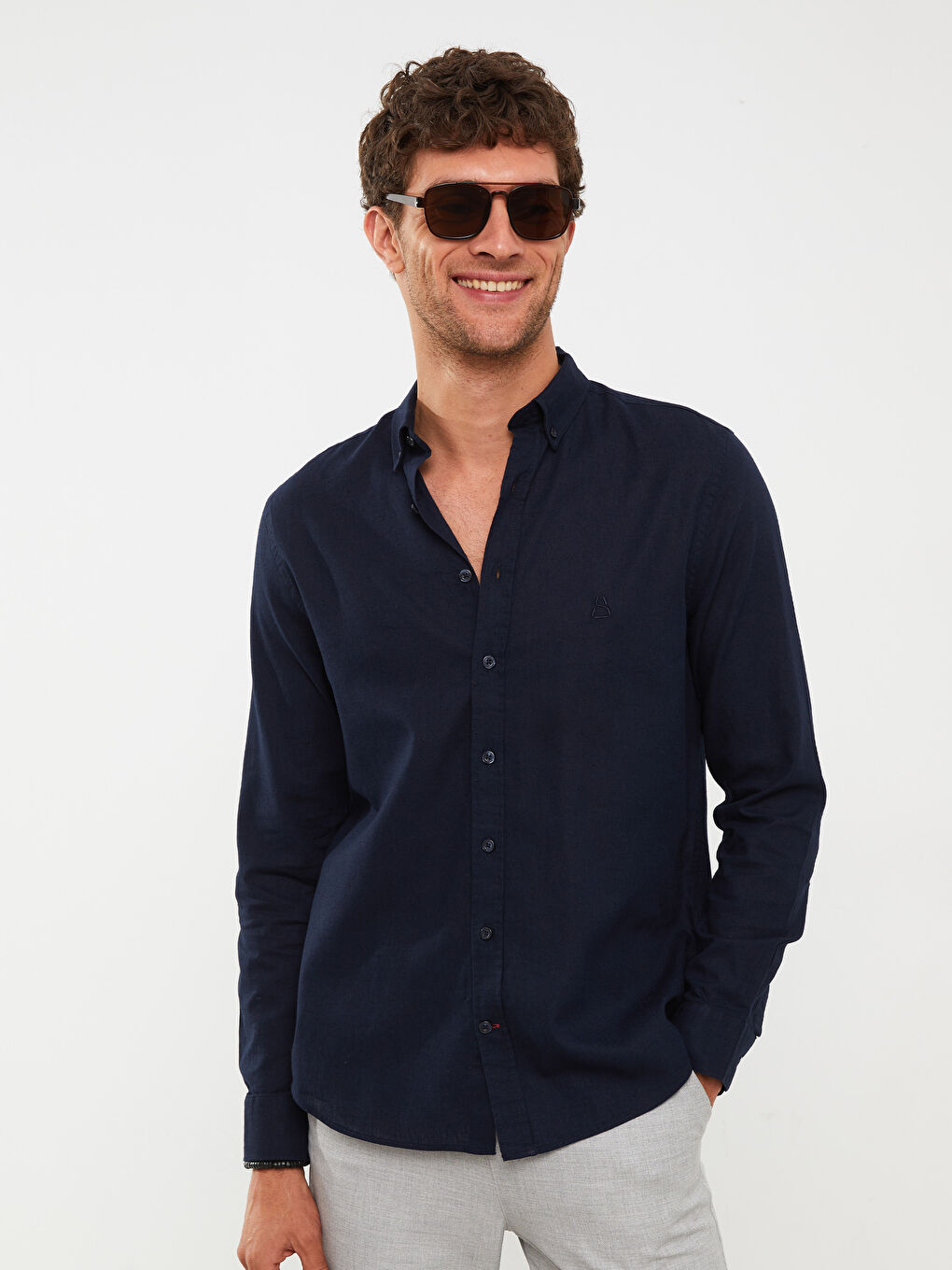 Lacivert Regular Fit Uzun Kollu Erkek Gömlek-5